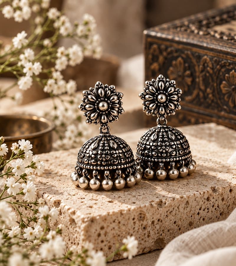 Authentic handcrafted oxidised 925 sterling silver jhumkas on warm travertine stone