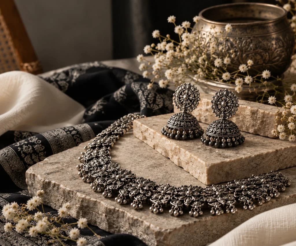 Handcrafted oxidised silver jewellery craftsmanship in Jaipur